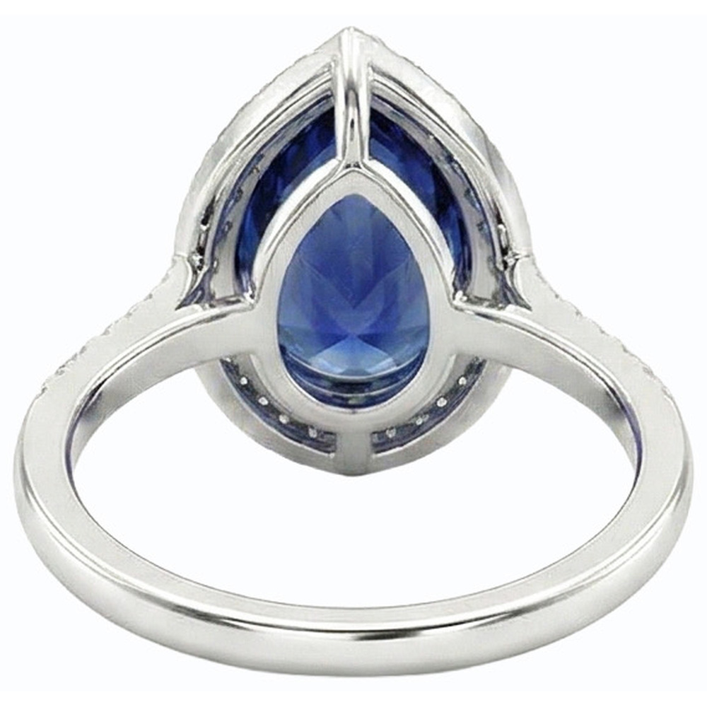 Natural Real ( Not Lab Grown ) Pear Halo Ring Ceylon Sapphire Jewelry With Accents 4 Carats Gold