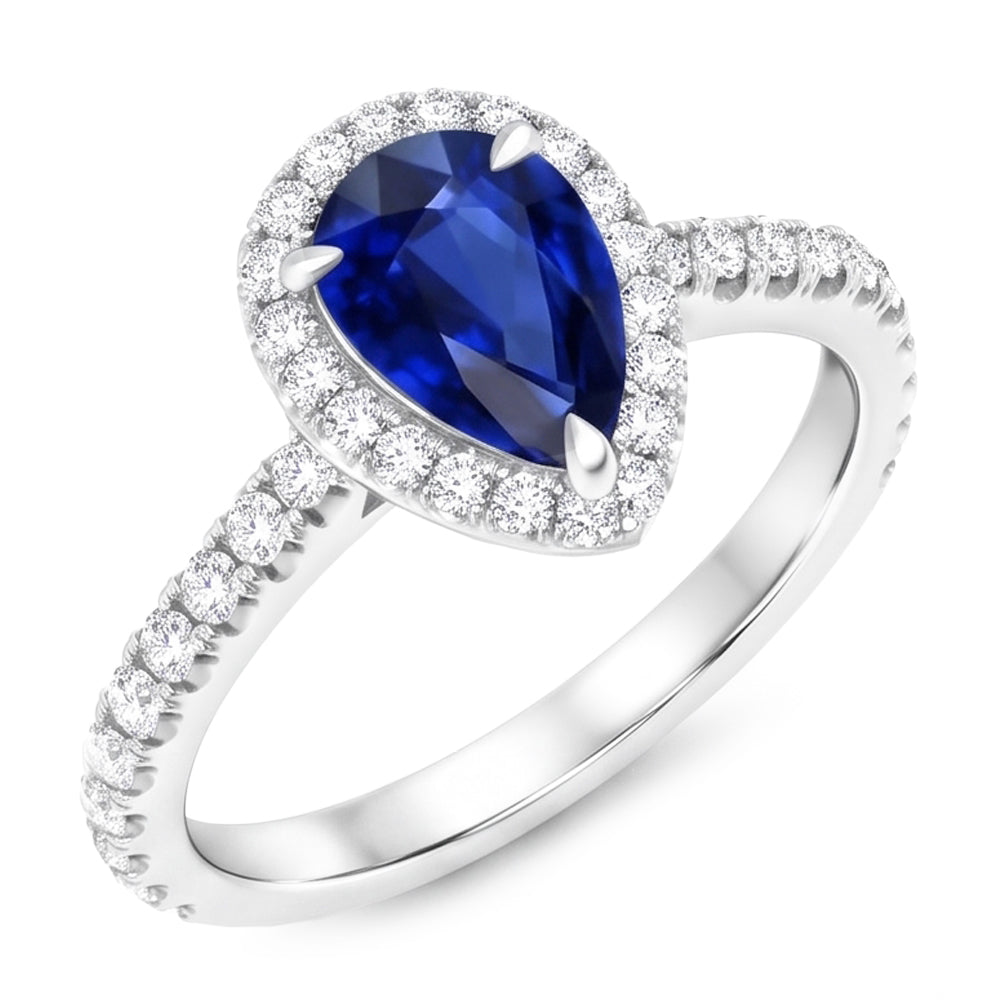Natural Real ( Not Lab Grown ) Pear Shaped Sapphire Ring 2.50 Ct Halo Prong Set Diamonds