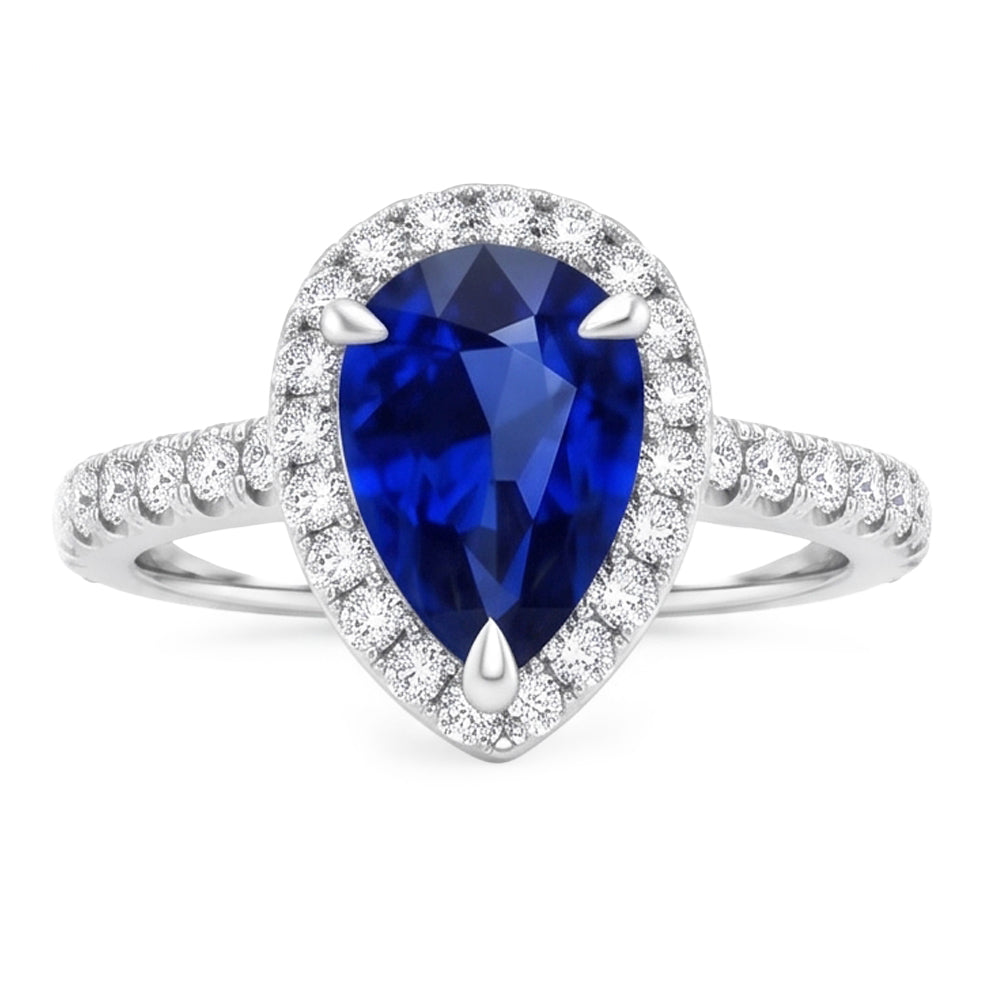Natural Real ( Not Lab Grown ) Pear Shaped Sapphire Ring 2.50 Ct Halo Prong Set Diamonds