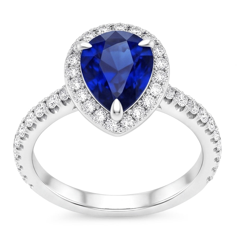 Natural Real ( Not Lab Grown ) Pear Shaped Sapphire Ring 2.50 Ct Halo Prong Set Diamonds