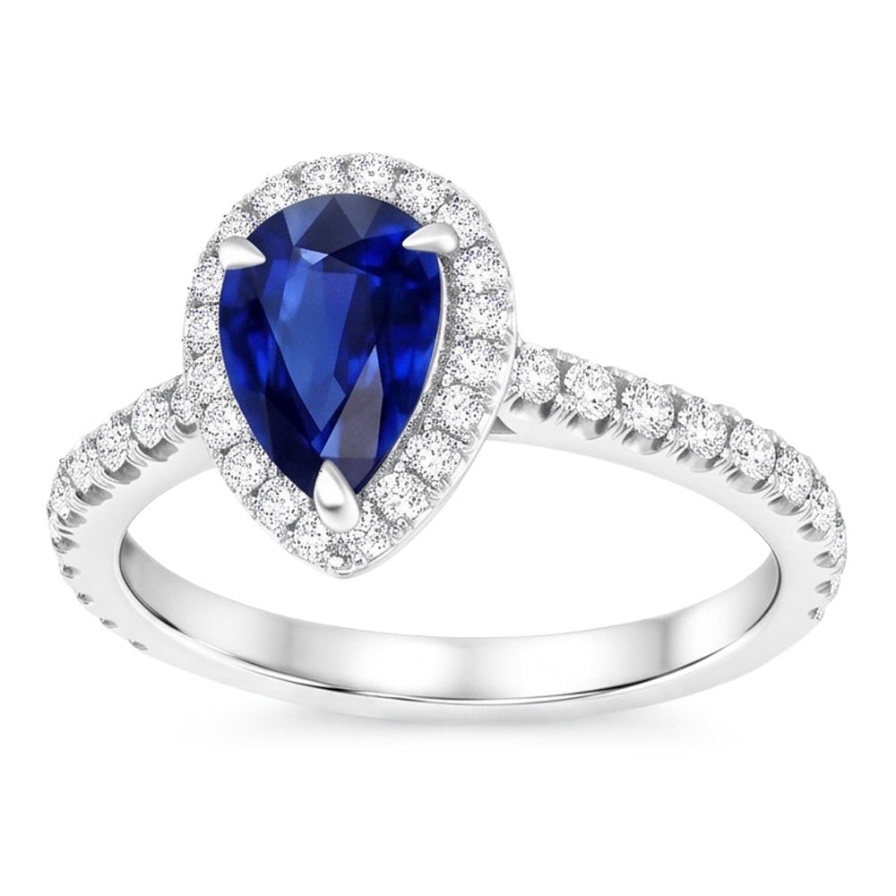 Natural Real ( Not Lab Grown ) Pear Shaped Sapphire Ring 2.50 Ct Halo Prong Set Diamonds