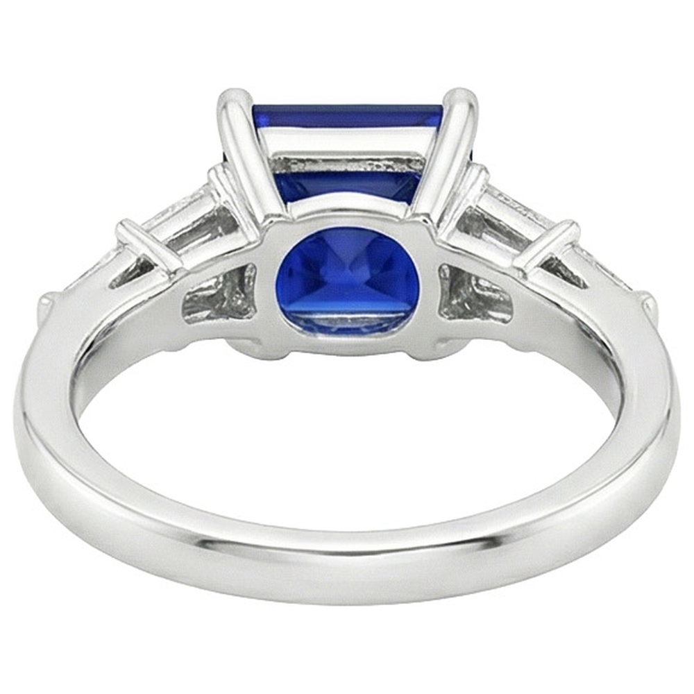 Natural Real ( Not Lab Grown ) Princess Cut Sapphire Ring With Tapered Baguettes 4.50 Carats Gold 14K