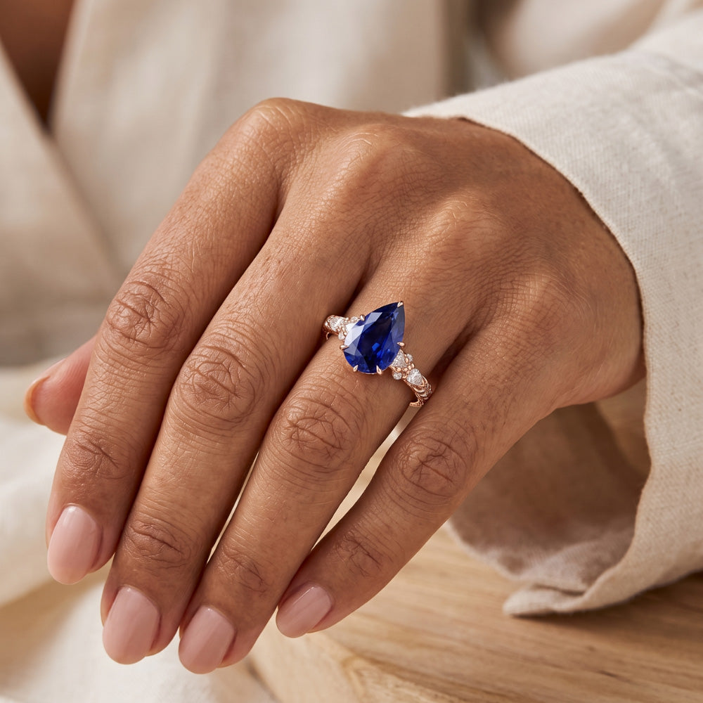 Natural Real ( Not Lab Grown ) Rose Gold Sapphire Solitaire Ring Pear Srilankan With Accents 5 Carats