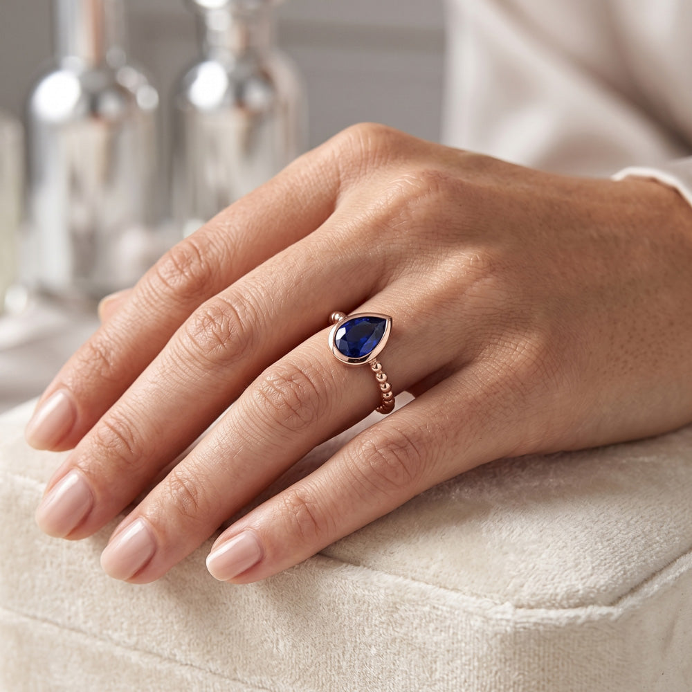 Natural Real ( Not Lab Grown ) Rose Gold Solitaire Ring Pear Blue Sapphire 1.50 Carats Bezel Set