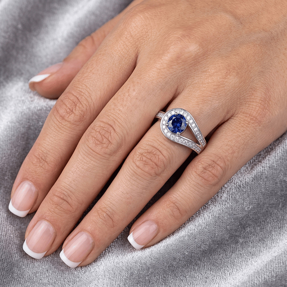Natural Real ( Not Lab Grown ) Round Blue Sapphire With Accents Ring Split Shank Style 1.50 Carats