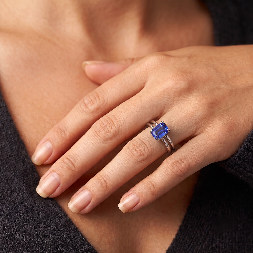 Natural Real ( Not Lab Grown ) Solitaire Emerald Blue Sapphire Ring Double Prong Split Shank 2 Carats