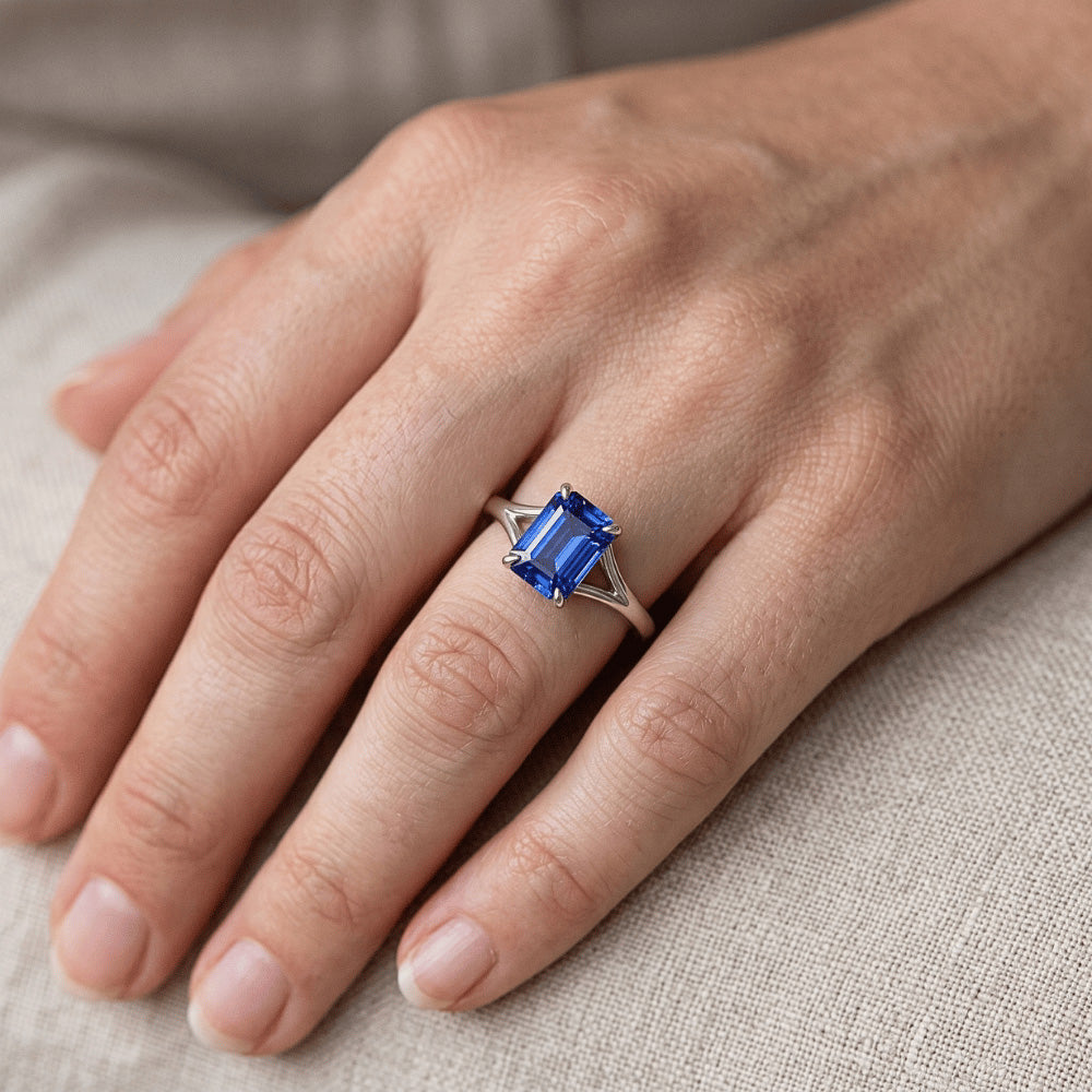 Natural Real ( Not Lab Grown ) Solitaire Emerald Blue Sapphire Ring Split Shank 2.50 Carat White Gold