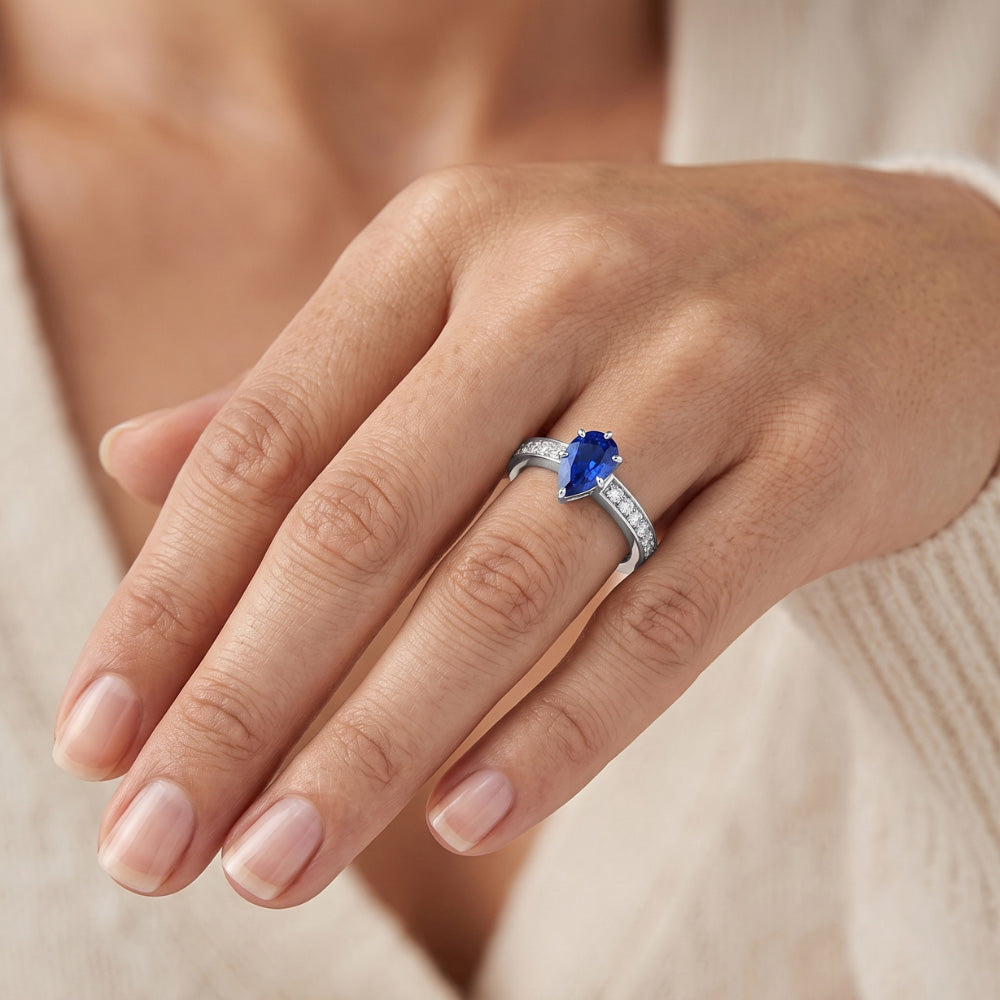 Natural Real ( Not Lab Grown ) Solitaire Pear Shaped Ceylon Sapphire Ring With Accents 2.50 Carats
