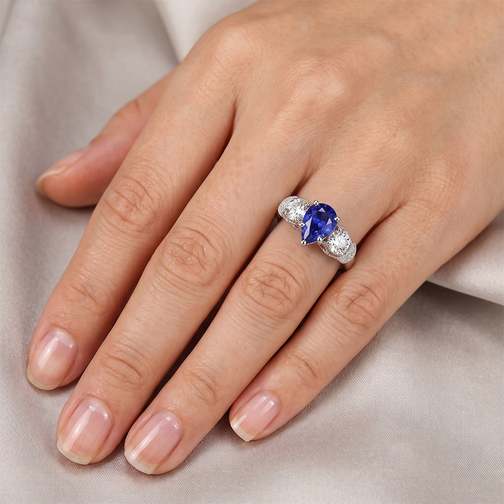 Natural Real ( Not Lab Grown ) Solitaire With Accents Blue Sapphire Ring Milgrain Shank 1.75 Carats