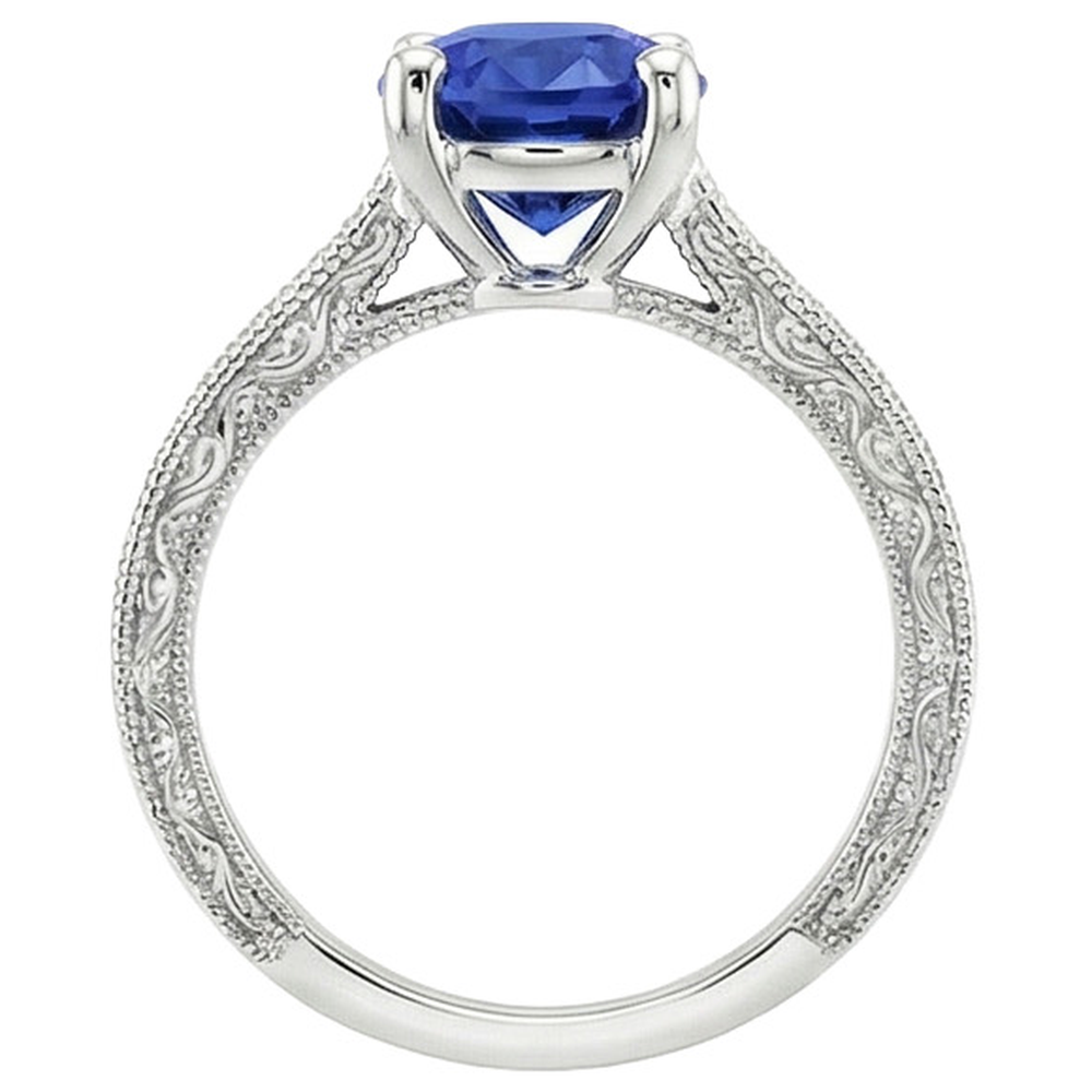 Natural Real ( Not Lab Grown ) Solitaire With Accents Blue Sapphire Ring Milgrain Shank 3 Carats