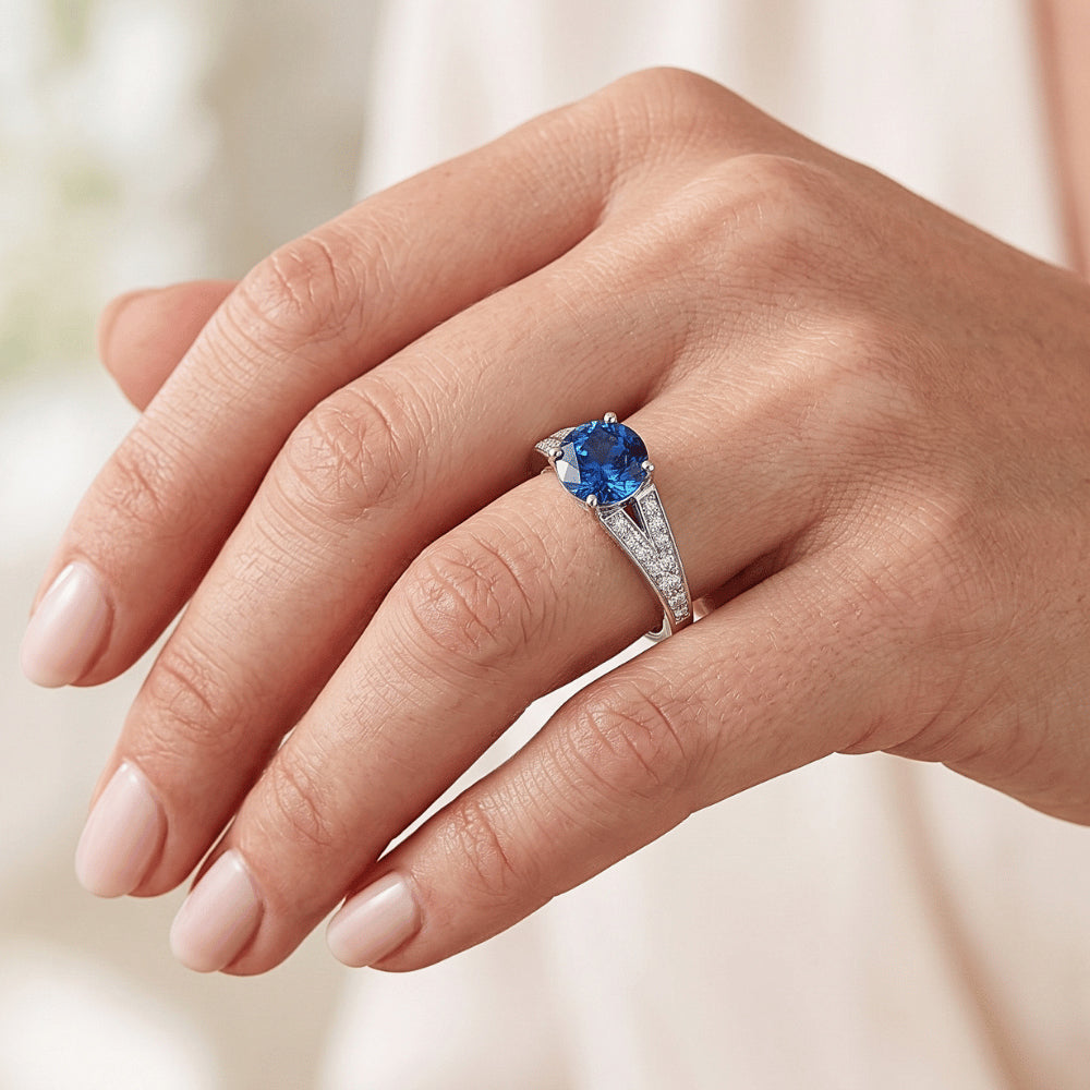 Natural Real ( Not Lab Grown ) Split Shank Round Blue Sapphire Ring White Gold 14K 1.75 Carats