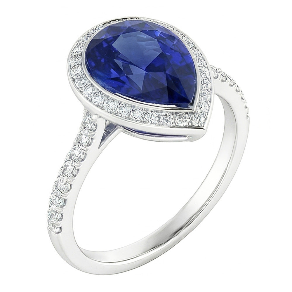 Natural Real ( Not Lab Grown ) Sri Lankan Sapphire Ring 3.50 Ct Diamond Halo Pear Bezel Set