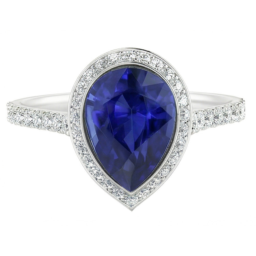 Natural Real ( Not Lab Grown ) Sri Lankan Sapphire Ring 3.50 Ct Diamond Halo Pear Bezel Set