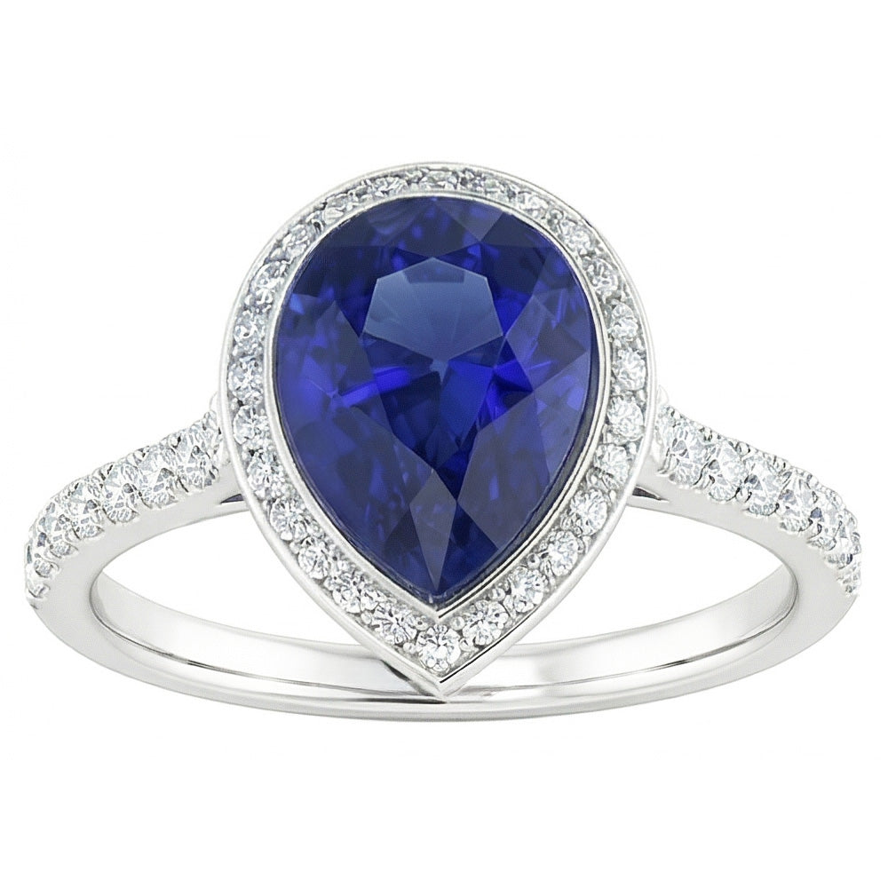 Natural Real ( Not Lab Grown ) Sri Lankan Sapphire Ring 3.50 Ct Diamond Halo Pear Bezel Set