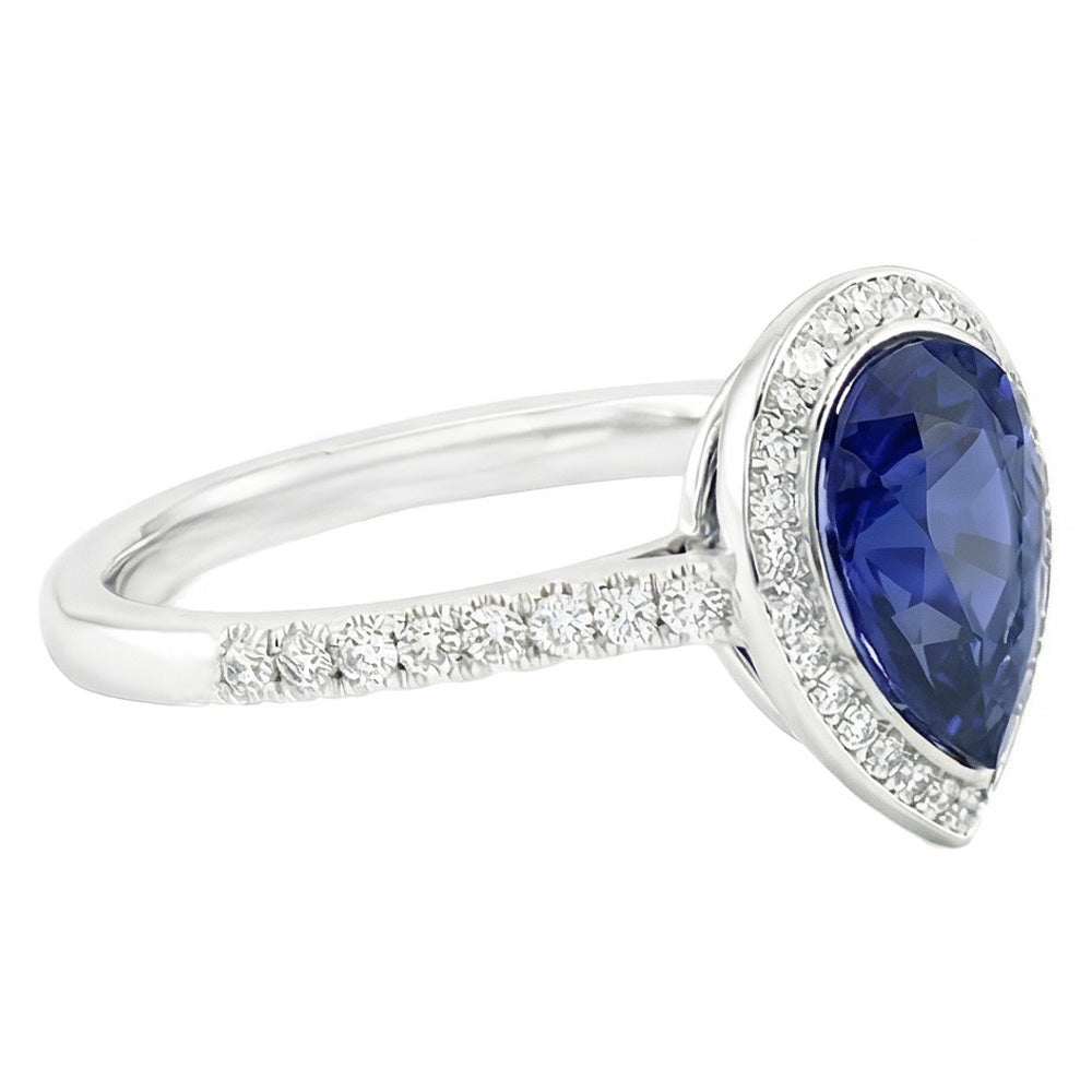 Natural Real ( Not Lab Grown ) Sri Lankan Sapphire Ring 3.50 Ct Diamond Halo Pear Bezel Set