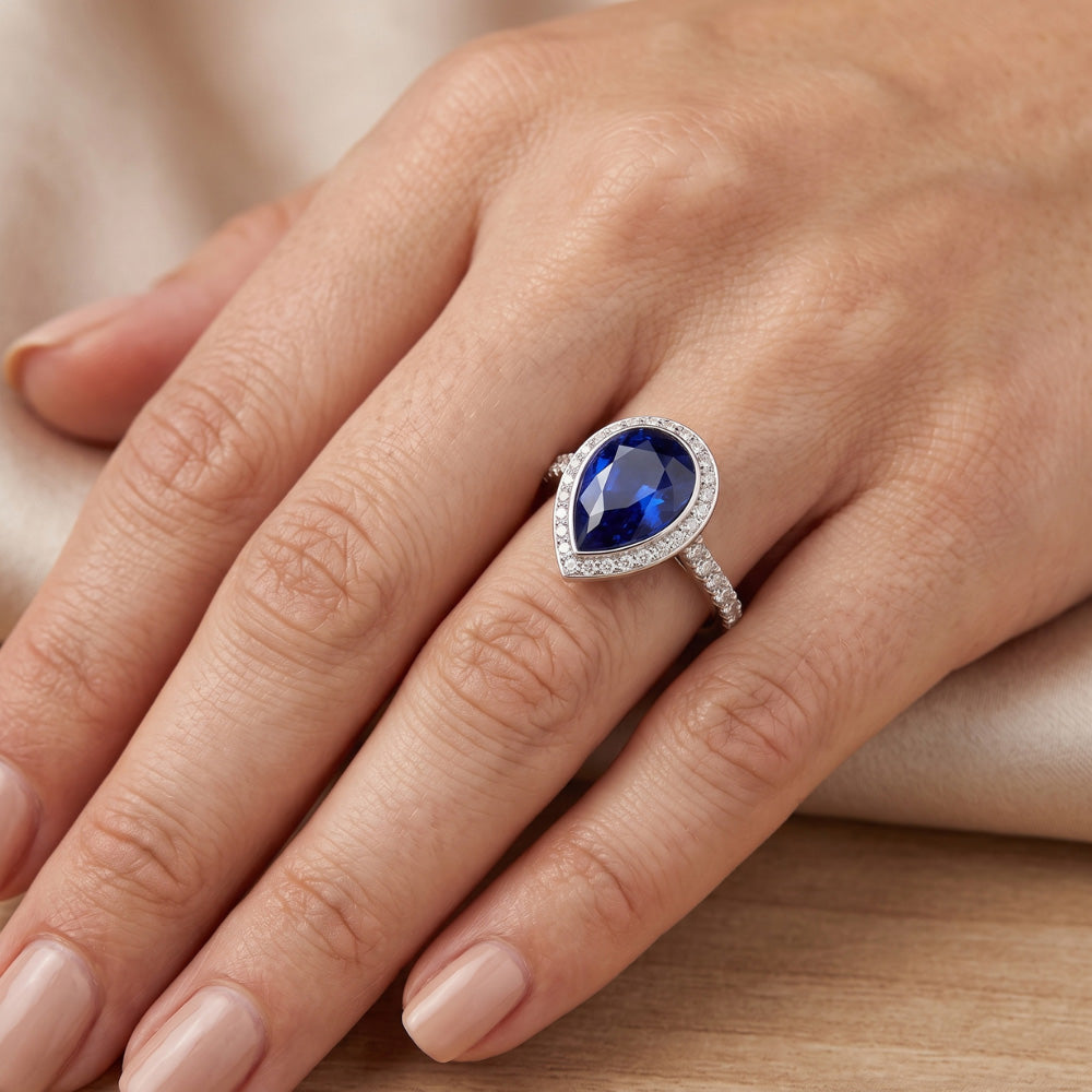 Natural Real ( Not Lab Grown ) Sri Lankan Sapphire Ring 3.50 Ct Diamond Halo Pear Bezel Set