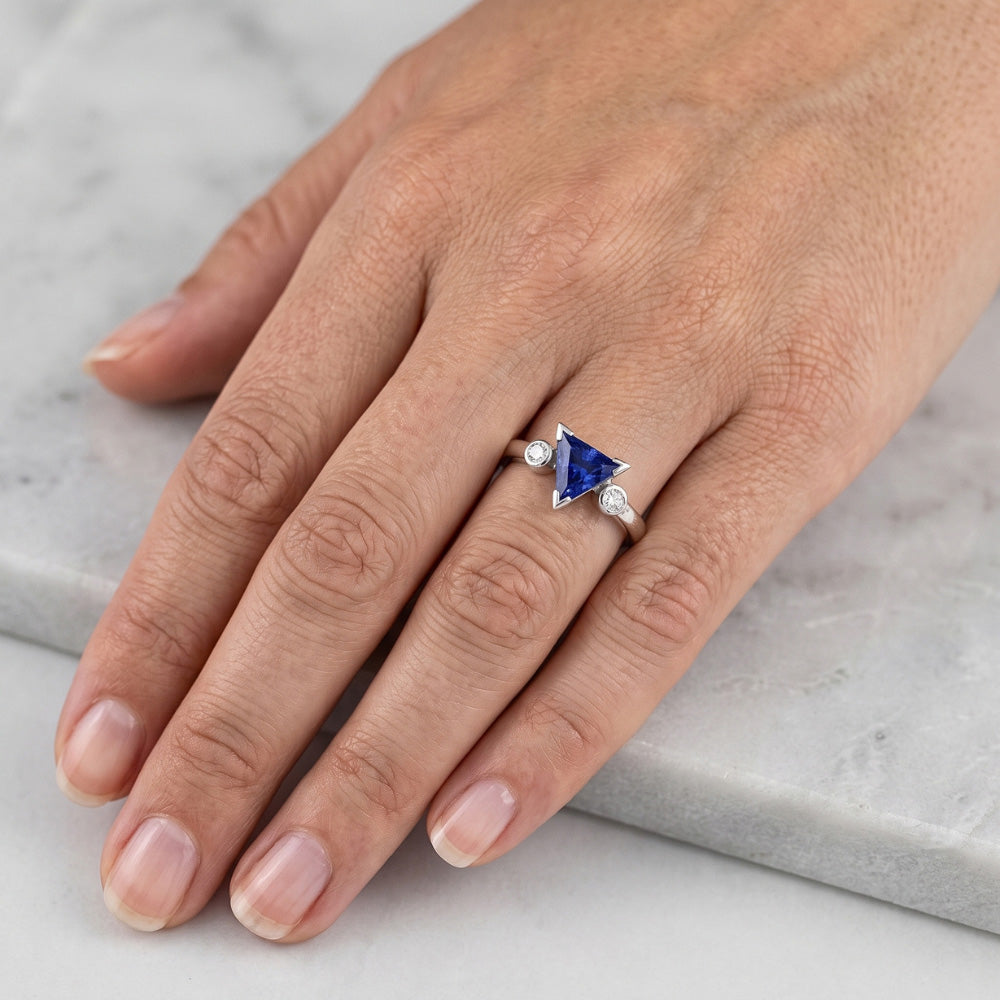Natural Real ( Not Lab Grown ) Three Stone Ring Trillion V Prong Ceylon Sapphire 1.25 Carats Gold