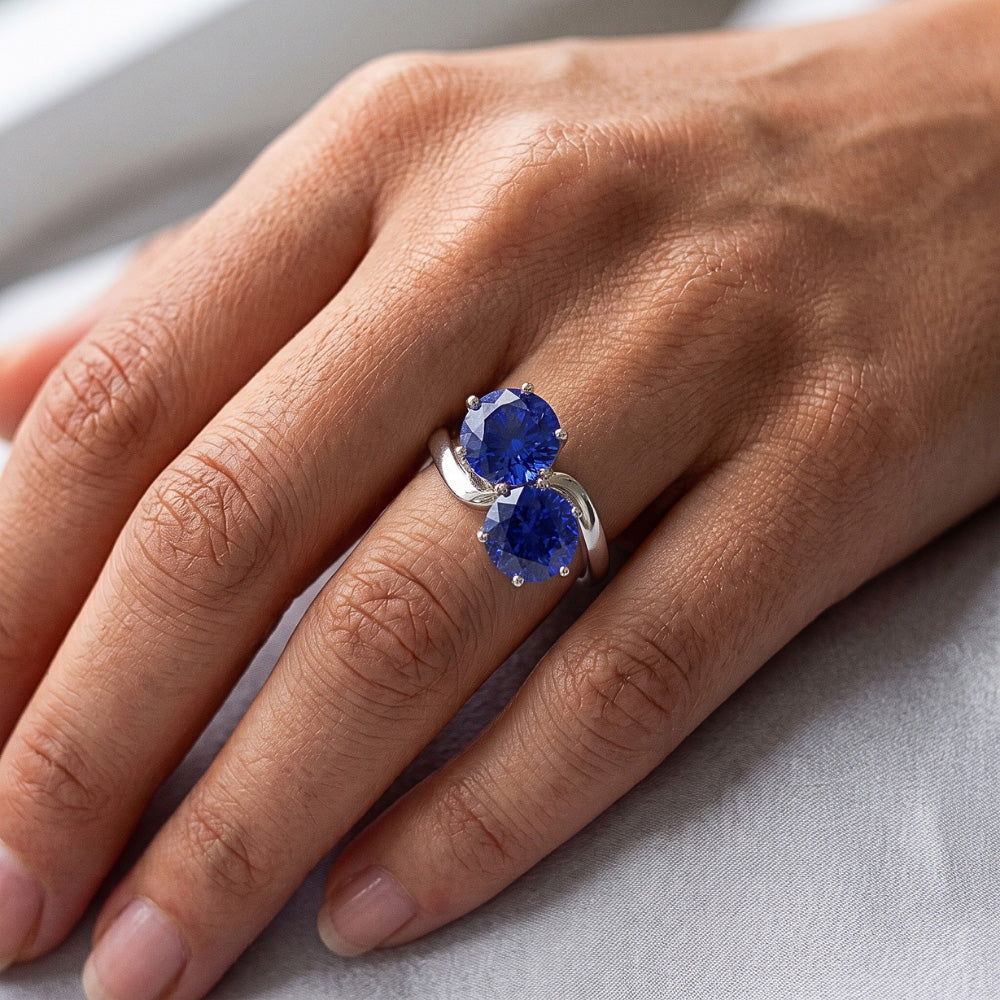 Natural Real ( Not Lab Grown ) Toi et Moi Anniversary Ring Round Ceylon Sapphire 4 Carats Prong Set