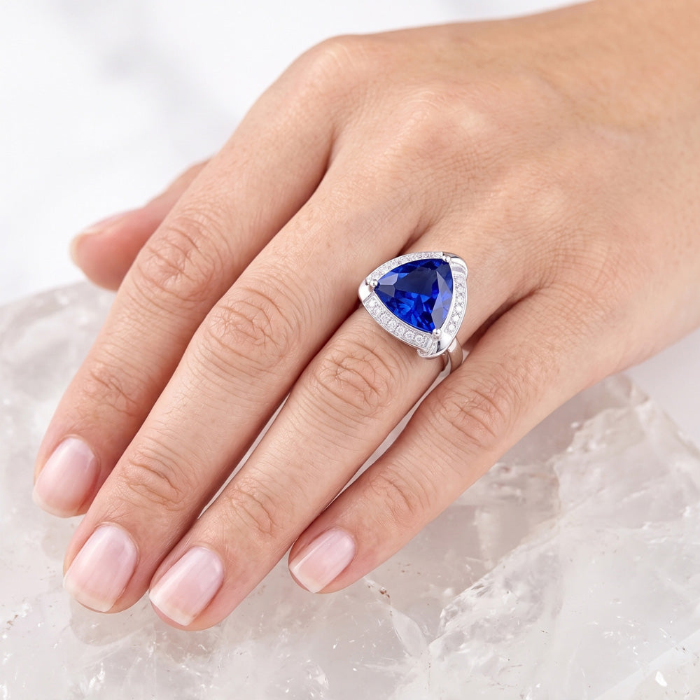Natural Real ( Not Lab Grown ) Trillion Halo Ceylon Sapphire Ring White Gold Jewelry 3 carats