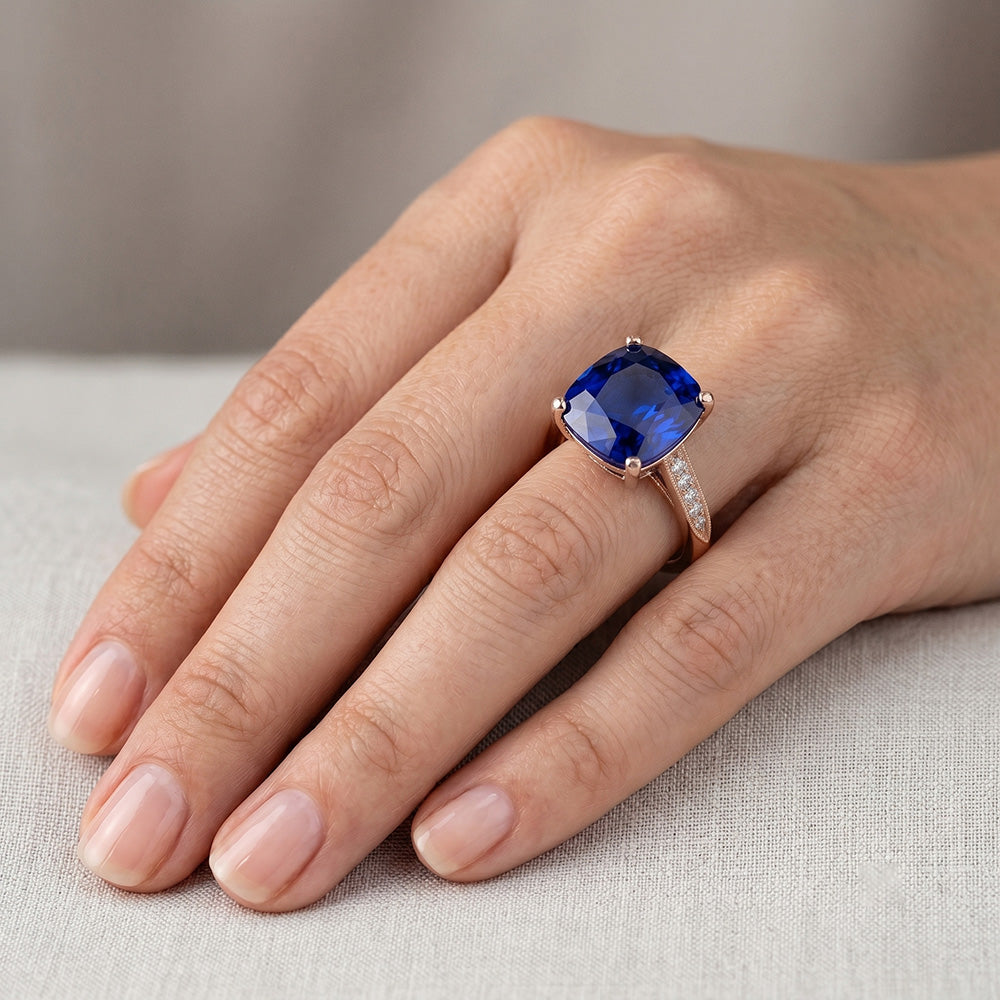 Natural Real ( Not Lab Grown ) Vintage Style Ceylon Cushion Sapphire Ring 5 Carats Accents Rose Gold