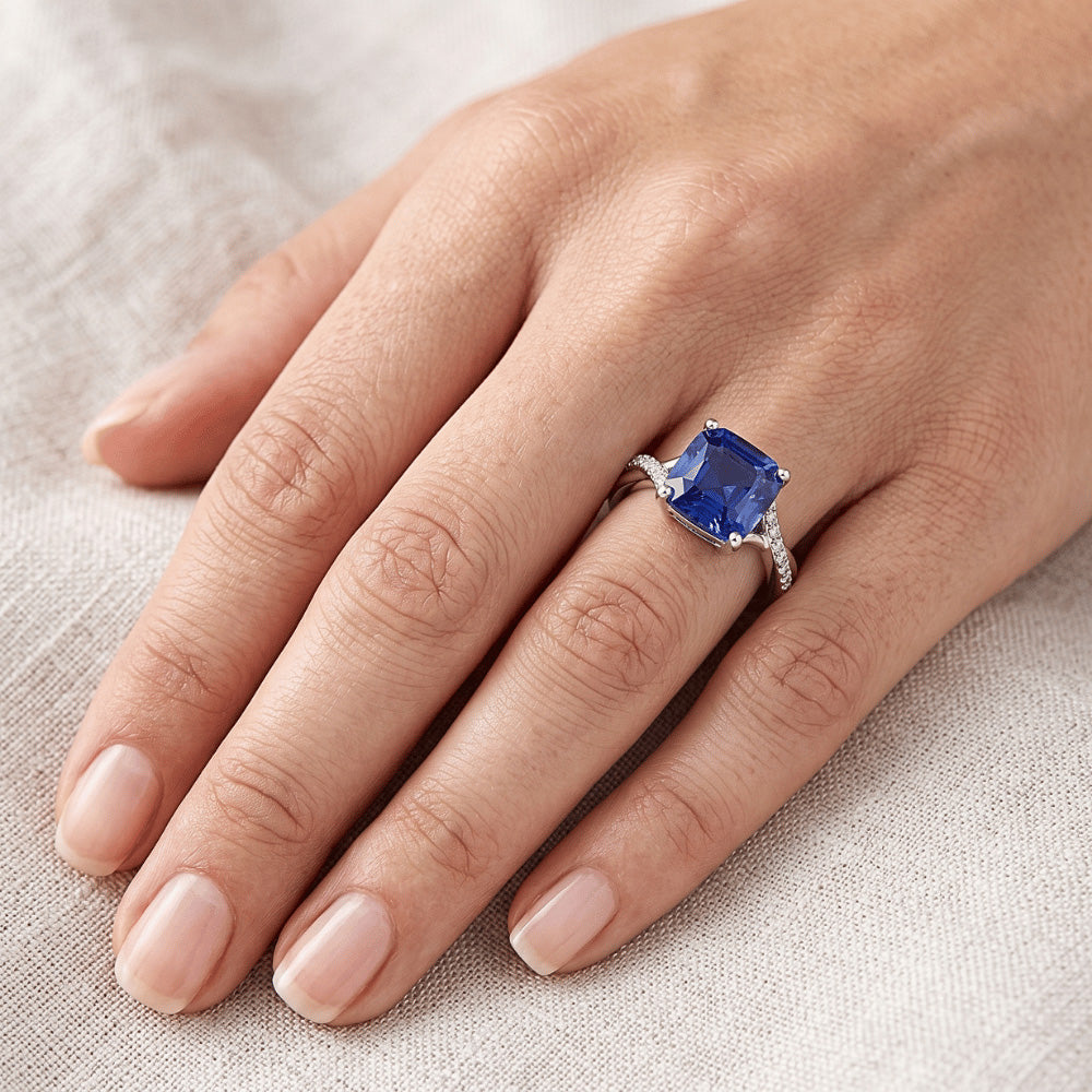 Natural Real ( Not Lab Grown ) White Gold Solitaire Blue Sapphire Ring With Accents 4.50 Carats