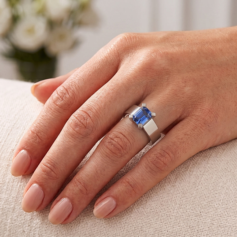 Natural Real ( Not Lab Grown ) Women Solitaire Gemstone Blue Sapphire Ring Tension Style 1.50 Carats