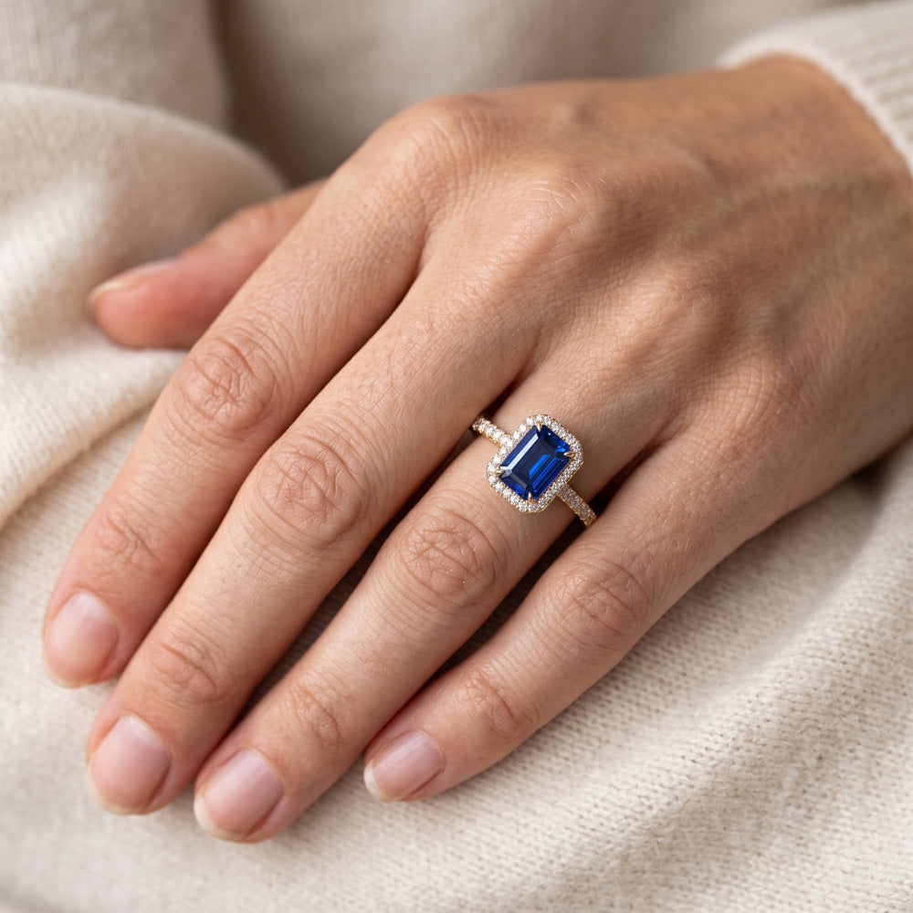 Natural Real ( Not Lab Grown ) Women's Halo Ring Emerald Cut Ceylon Sapphire With Accents 3.50 Carats