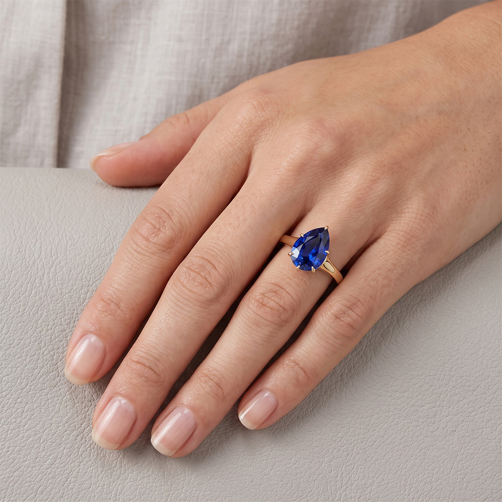 Natural Real ( Not Lab Grown ) Yellow Gold Solitaire Ring Teardrop Style Ceylon Sapphire 2.50 Carats
