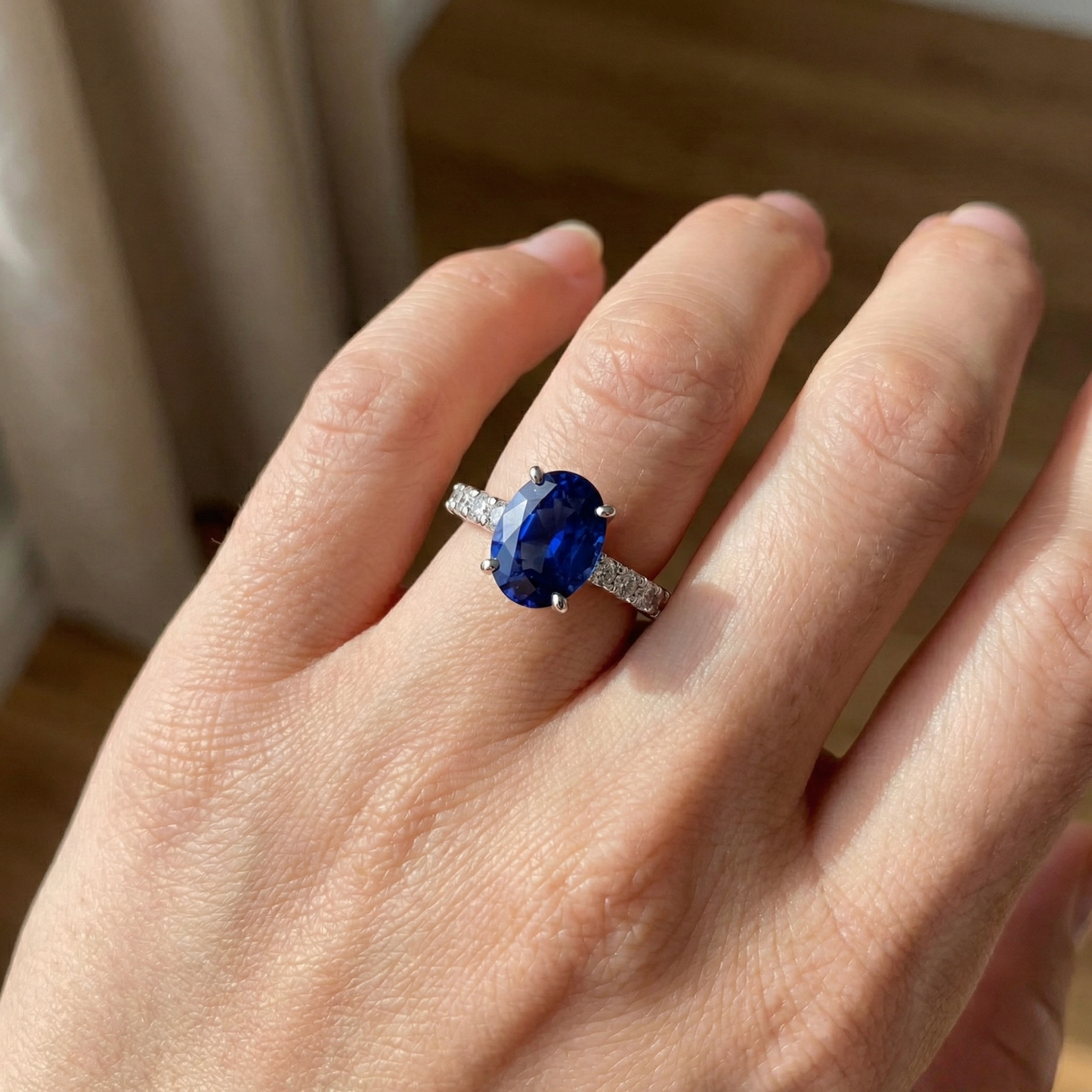 Natural Earth Mined Diamond Solitaire Oval Srilanka Sapphire Ring With Accents 4.50 Carats