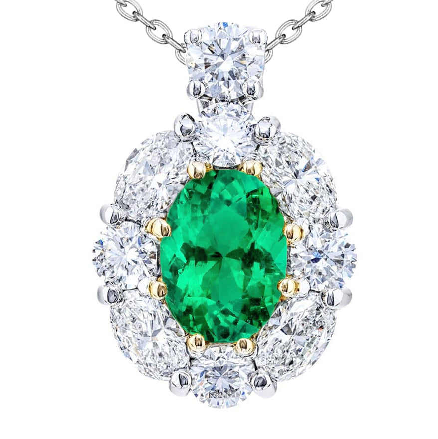 Natural Oval Cut Green Emerald And Diamond Pendant