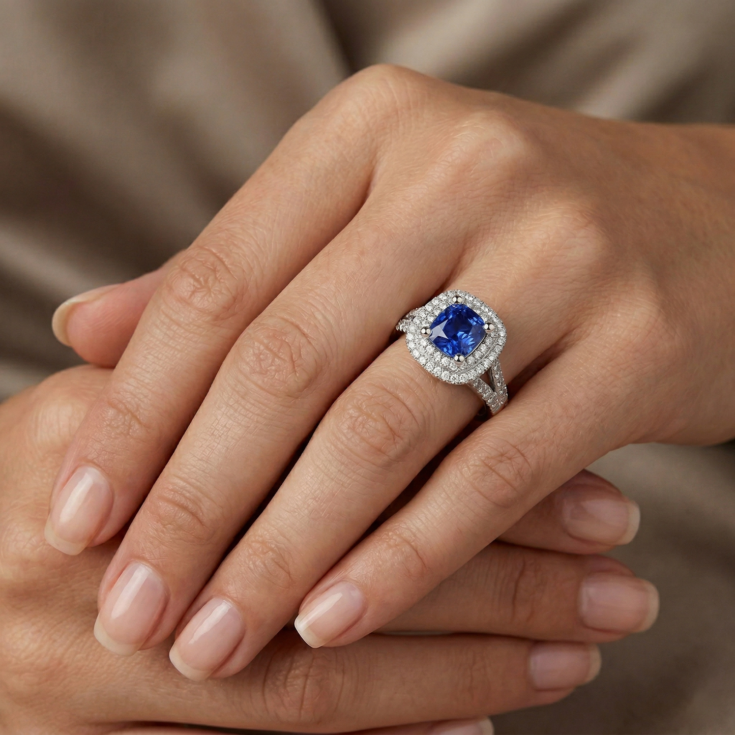 Natural Real ( Not Lab Grown ) Ceylon Sapphire Double Halo Ring Solid Gold 14K Jewelry 3.5 Ct