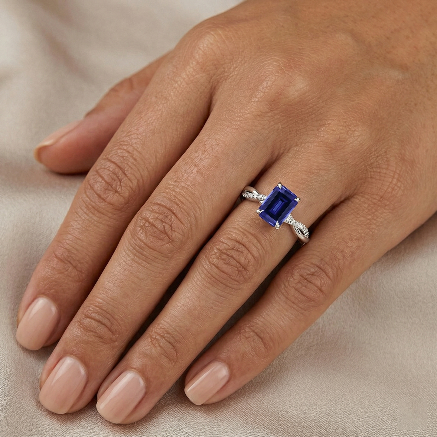 Natural Real ( Not Lab Grown ) Emerald Cut Twist Shank Sapphire Ring