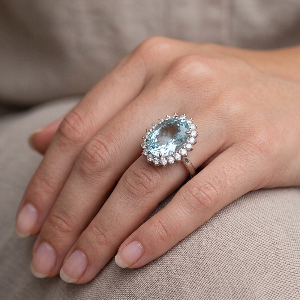 Oval Aquamarine Halo Cocktail Ring