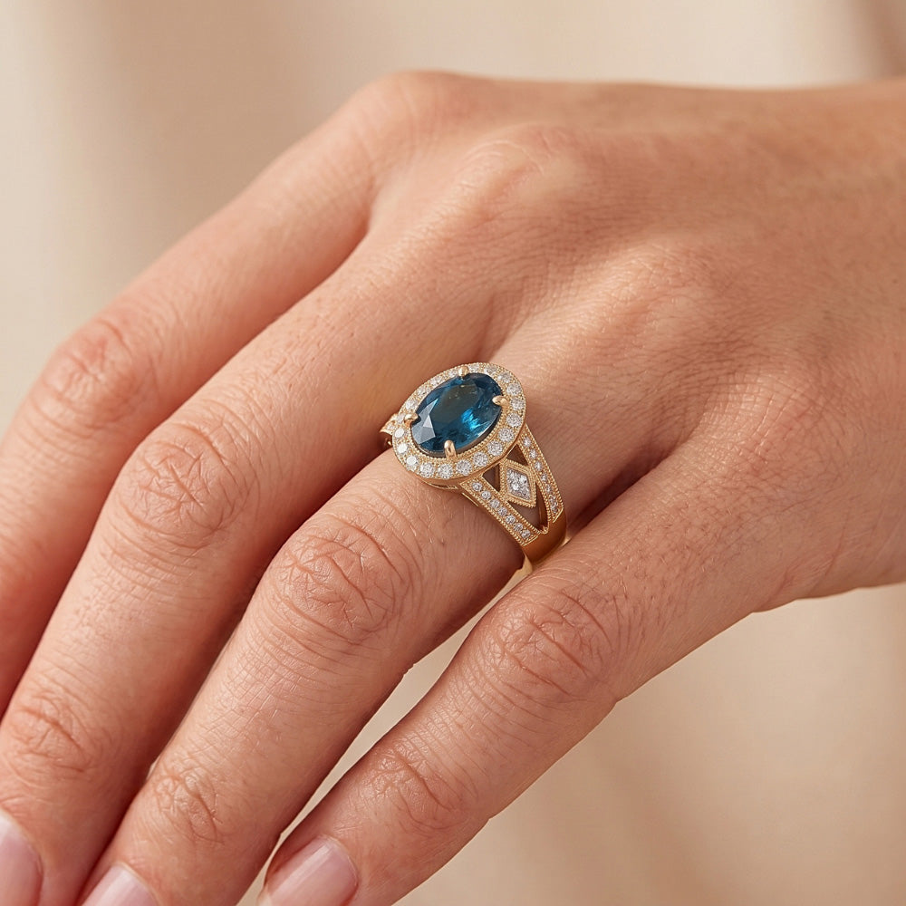Oval Blue Natural Earth Mined Diamond Ladies Cocktail Ring