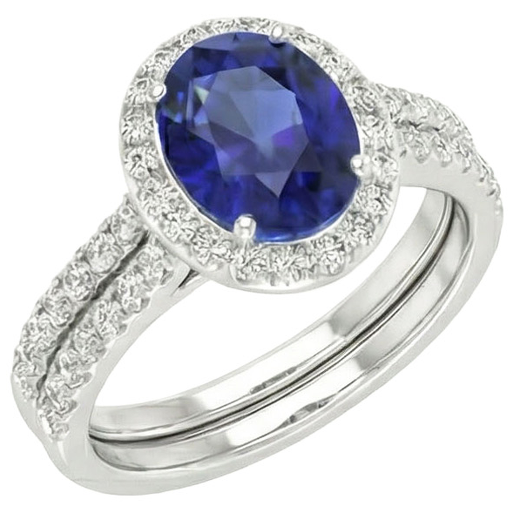 Natural Real ( Not Lab Grown ) Oval Blue Sapphire Halo Engagement Ring Set 10.25 Carats White Gold