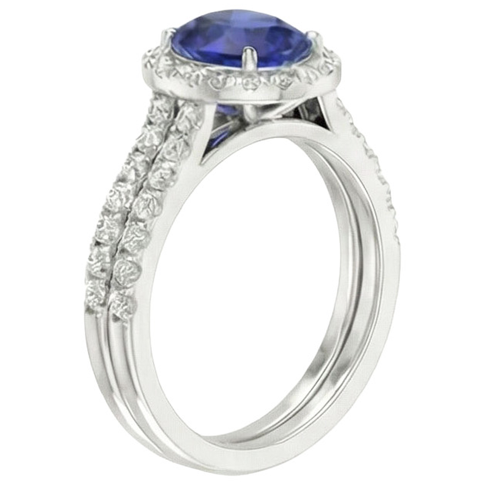 Natural Real ( Not Lab Grown ) Oval Blue Sapphire Halo Engagement Ring Set 10.25 Carats White Gold