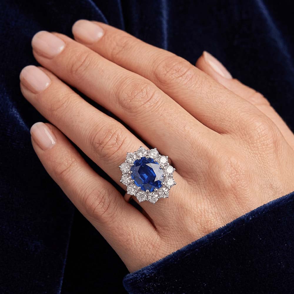 Oval Blue Sapphire & Round Natural Earth Mined Diamonds Halo Ring 6.50 Ct. White Gold 14K