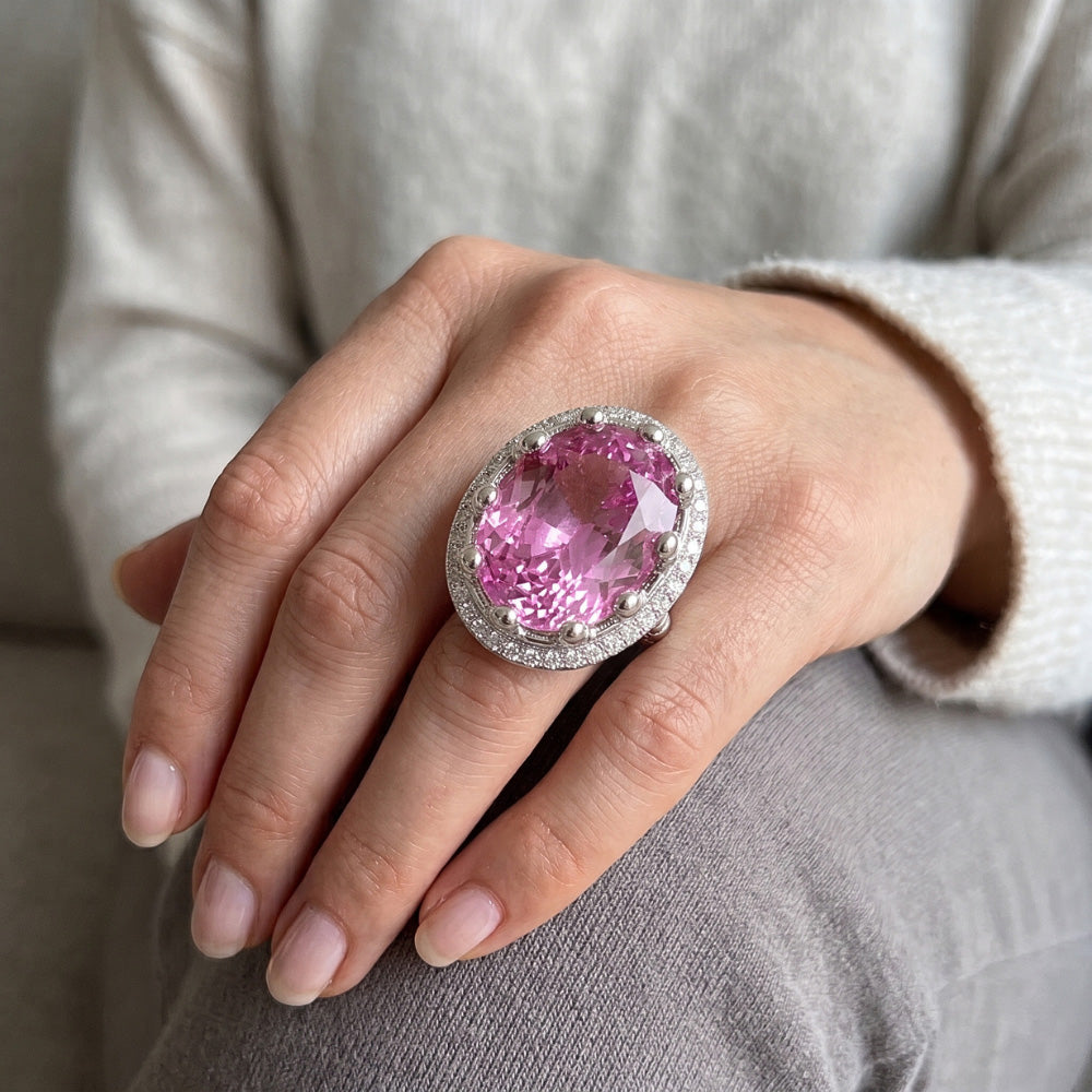 Oval Cut 36.00 Carat Big Pink Kunzite Ring White Gold 14K