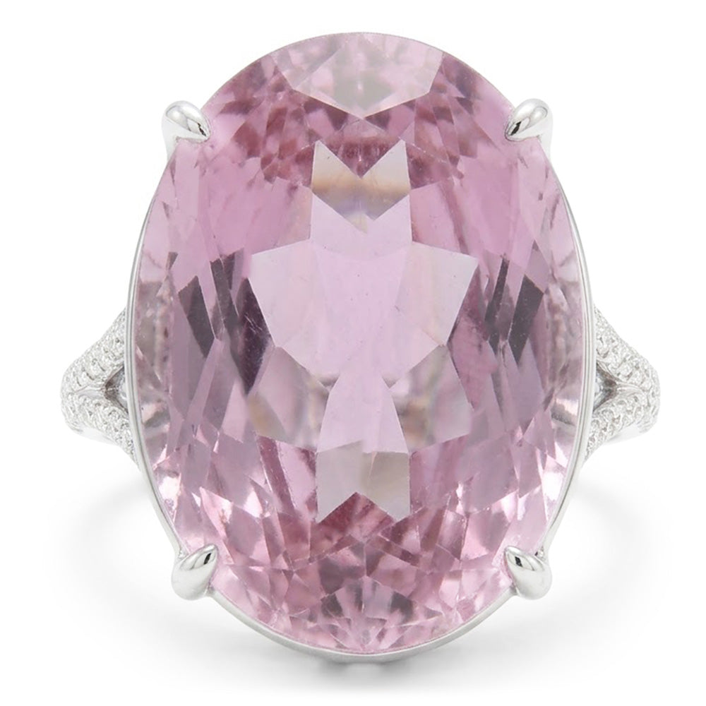 Oval Cut Pink Kunzite Natural Earth Mined Diamond Gemstone Ring 20.50 Ct White Gold 14K