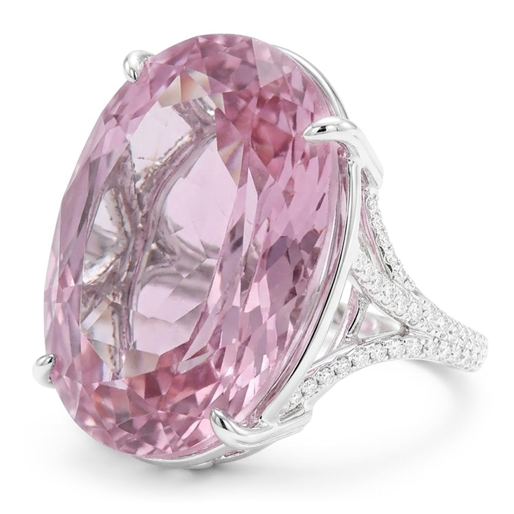 Oval Cut Pink Kunzite Natural Earth Mined Diamond Gemstone Ring 20.50 Ct White Gold 14K