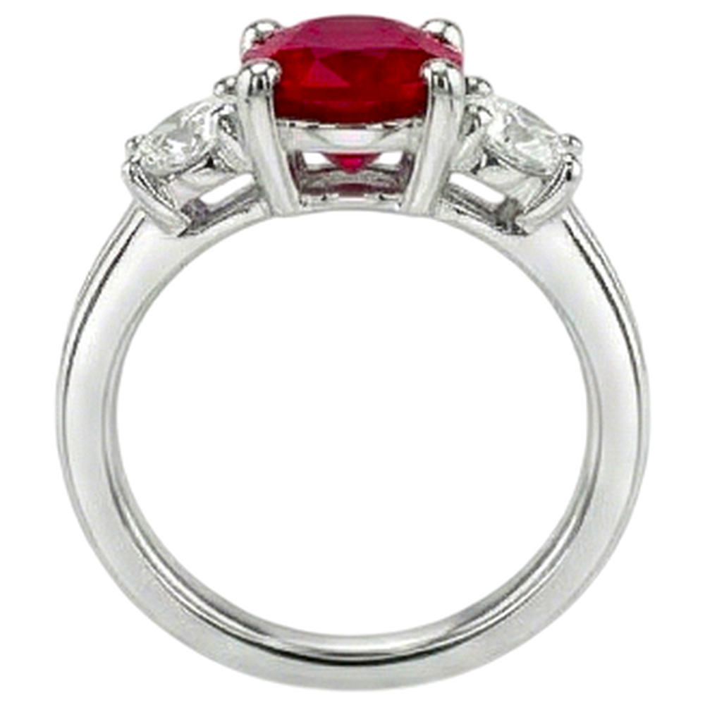 Oval Cut Red Ruby And Natural Earth Mined Diamond Three Stone Ring Gold 14K 1.80 Carats
