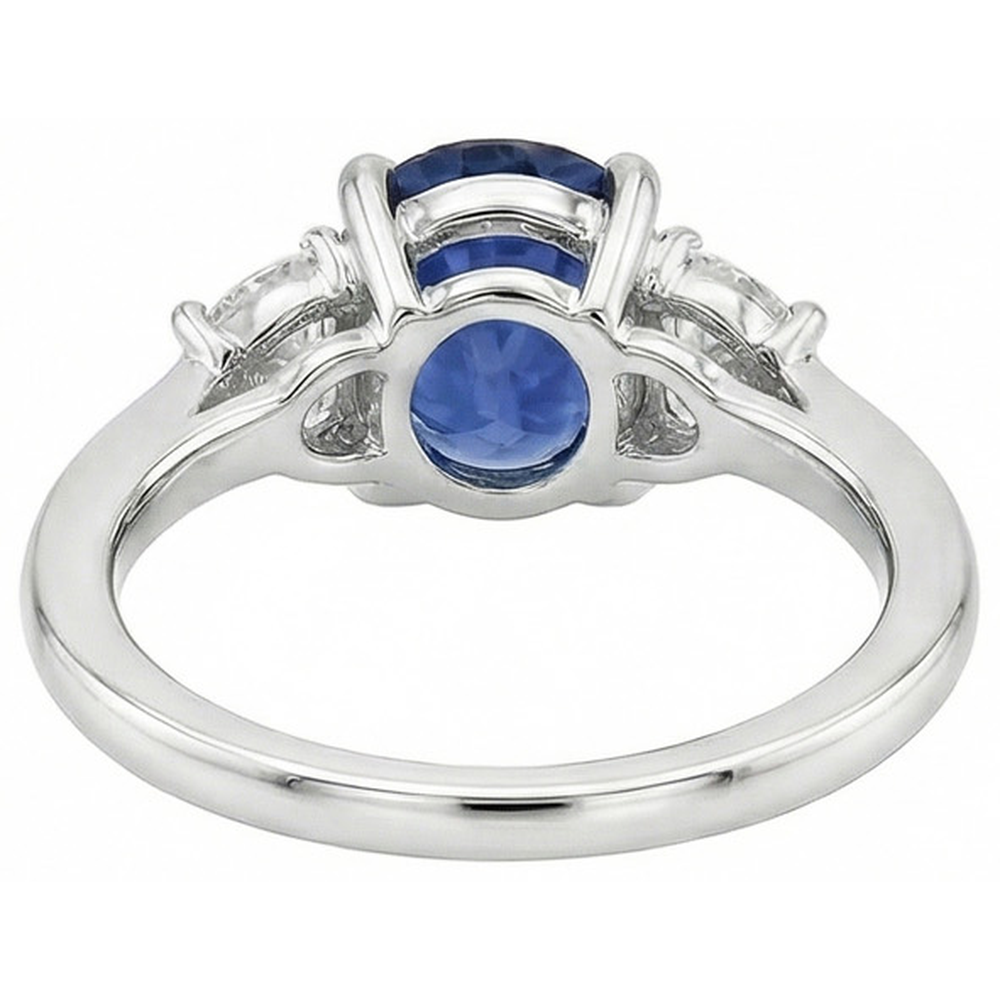Oval Cut Sri Lanka Sapphire & Natural Earth Mined Diamond 3 Stone Ring 2 Carats WG 14K
