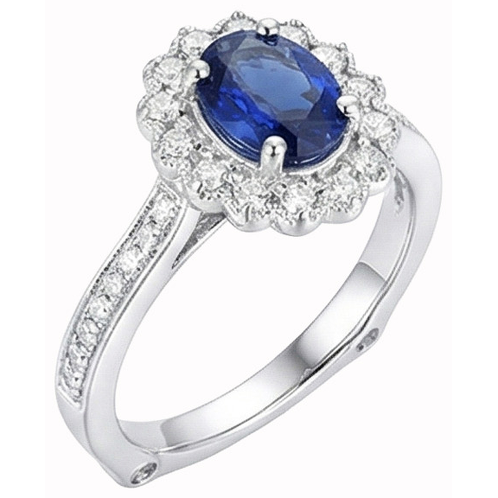 Oval Sri Lankan Sapphire Ring Round Natural Earth Mined Diamond Gold Jewelry 2 Carats
