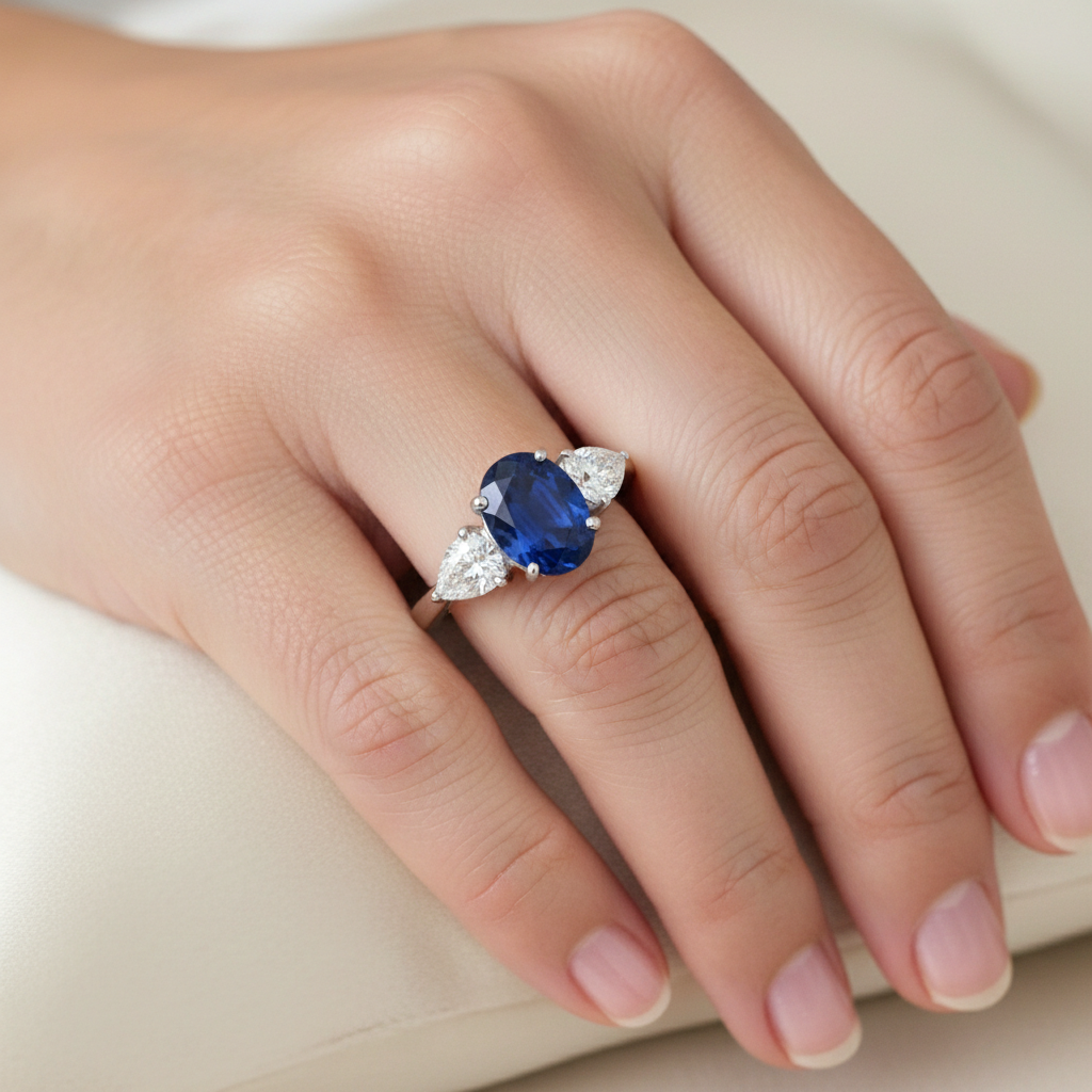 Oval And Pear Cut 3.50 Ct Sapphire And Natural Earth Mined Diamonds Ring White Gold 14K