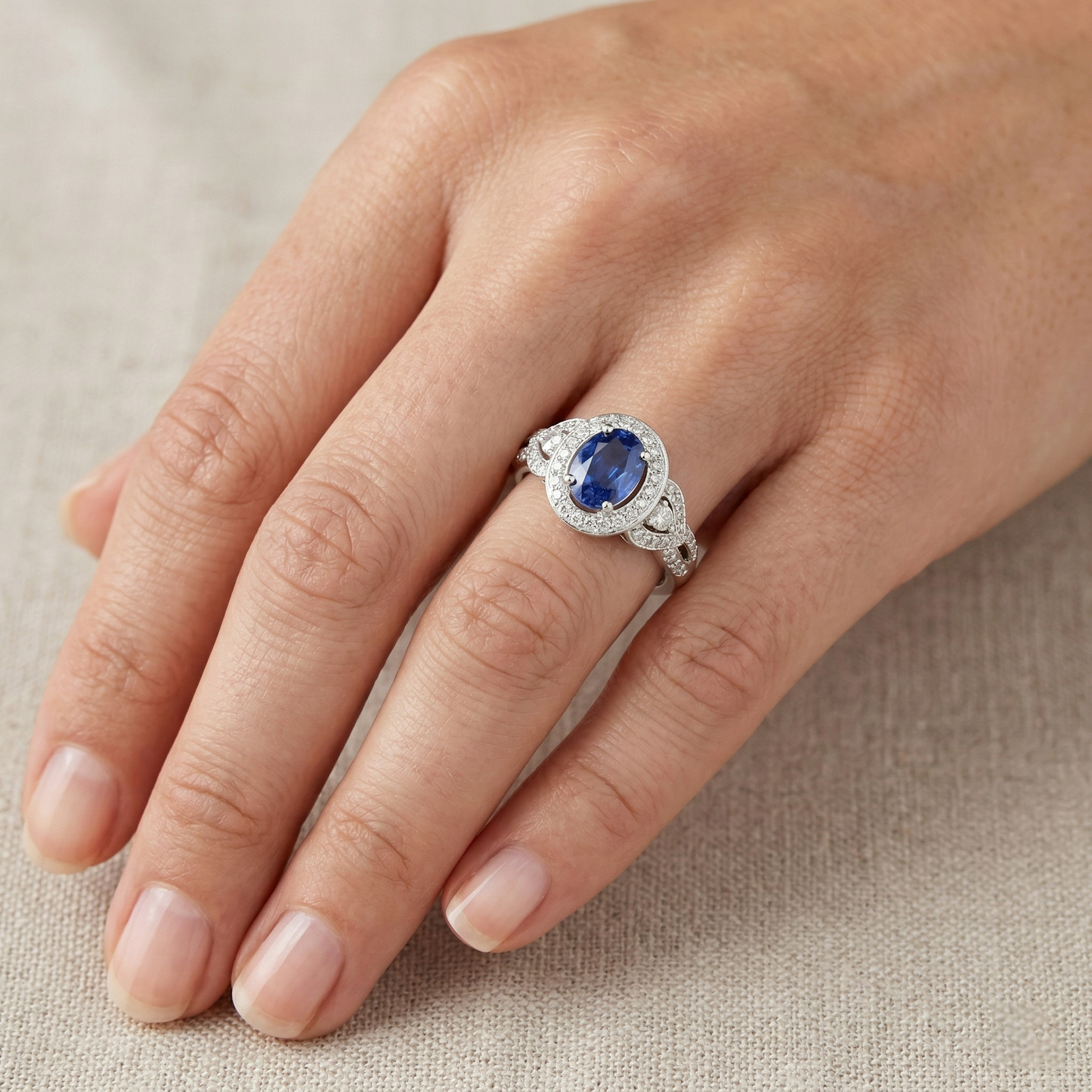 Oval Cut Sri Lanka Sapphire And Natural Earth Mined Diamond Ring White Gold 14K 3 Ct
