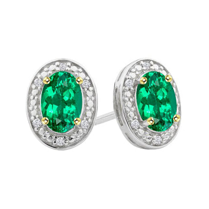 Oval Green Emerald Halo Studs Gold Gemstone Earrings