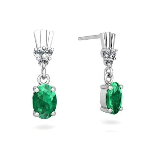 Oval Green Emerald & Diamonds 6.30 Ct. Dangle Earrings 14K White Gold