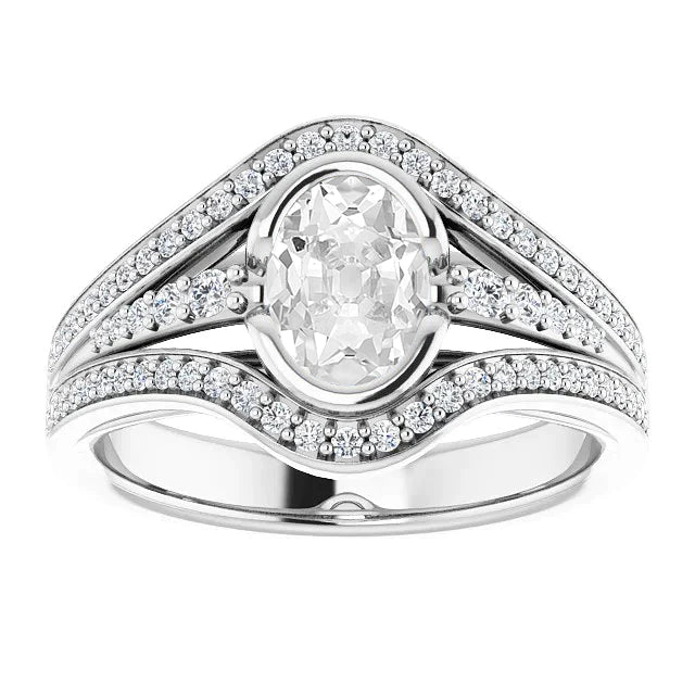 Oval Old Cut Diamond Ring Half Bezel Set Triple Split Shank 5 Carats