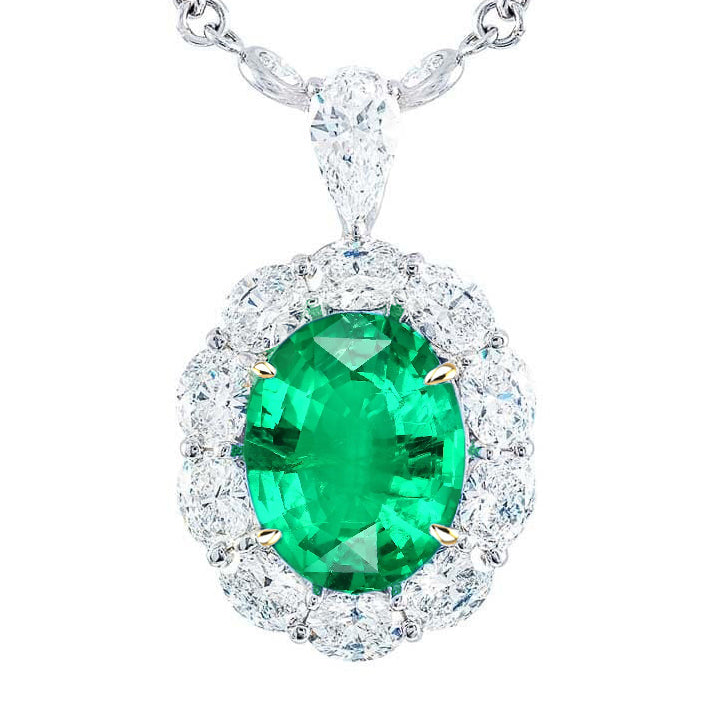 Oval Shaped Sparkling Green Emerald And Diamond Pendant