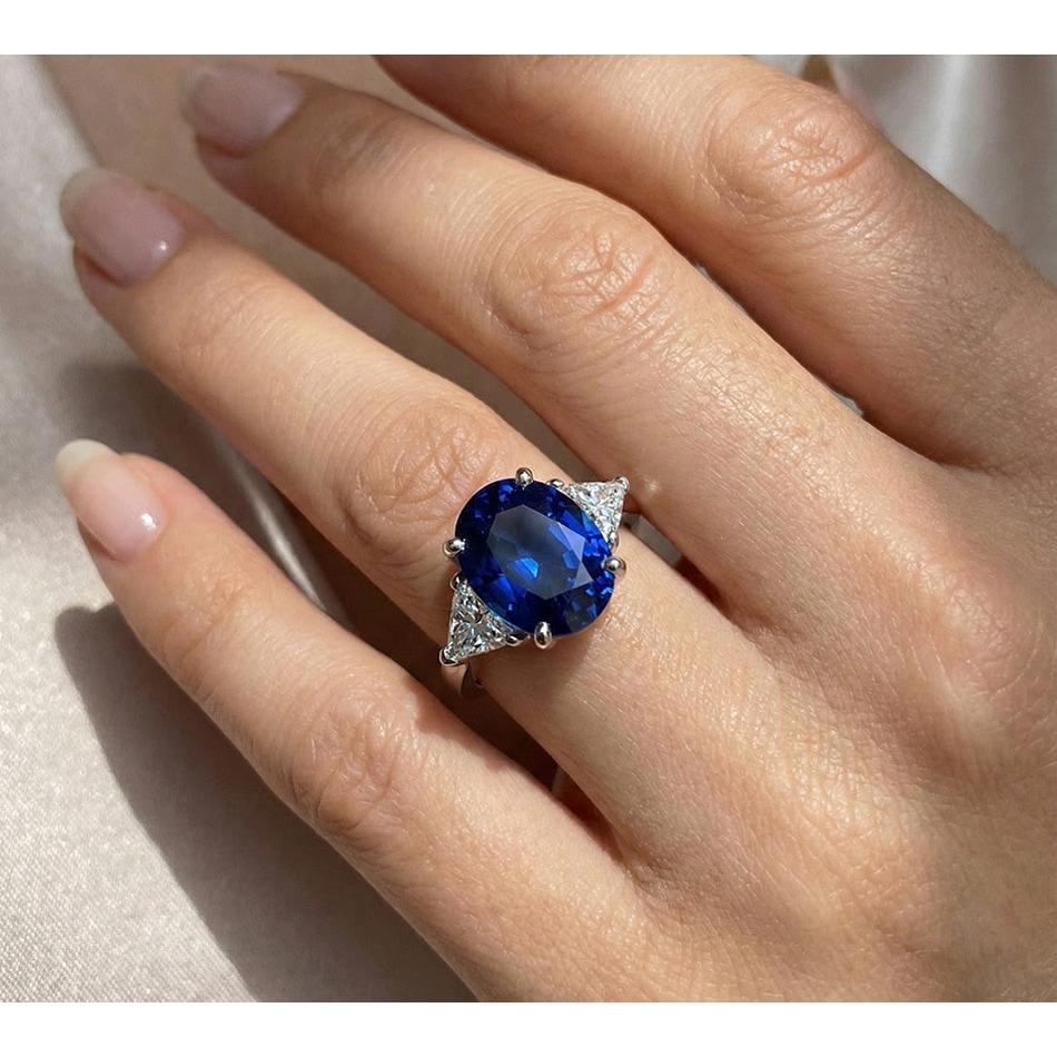 Oval Sri Lanka Sapphire Trillion Natural Earth Mined Diamonds 3 Stone Ring 6.01 Carats
